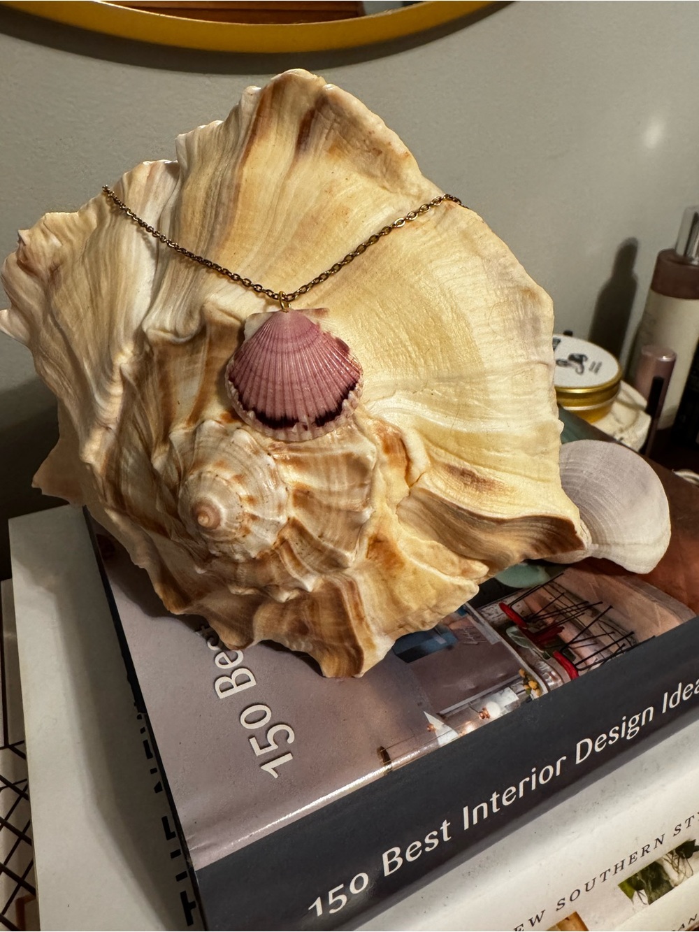 Pink Shell Pendant Necklace on Gold Chain